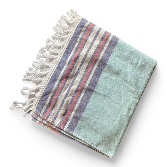 Preppy pastel striped white fringe 32x62" cotton blend beach towel - Picture 2 of 12